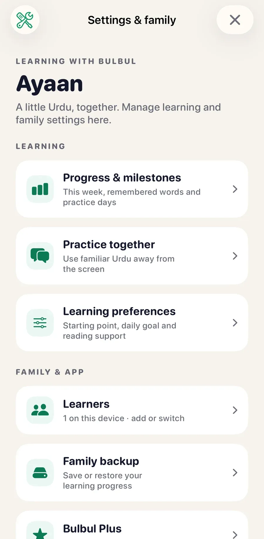 Bulbul's parent area: progress and milestones, practice together, learning preferences, learners and family backup